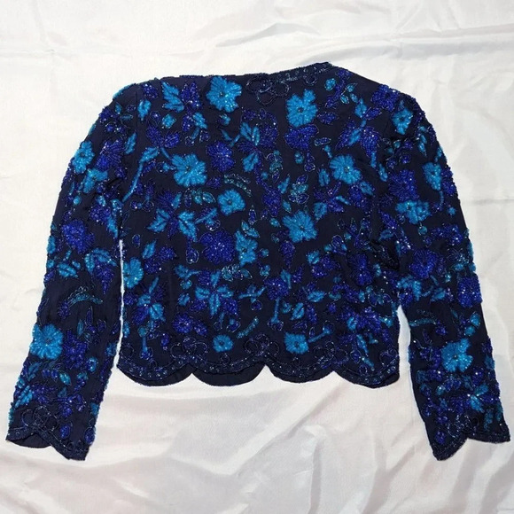 Vintage Frank Usher Blue 100% Silk Hand Beaded Blazer  Jacket Small Grandmacore - Picture 2 of 13